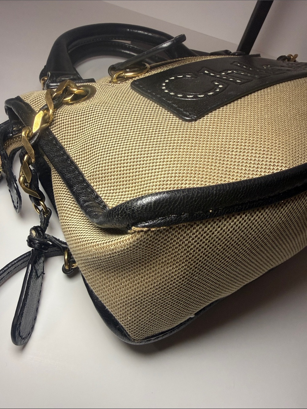 Chloé Canvas & Black Leather Satchel Crossbody Bag Gold Hardware - Picture 7 of 13